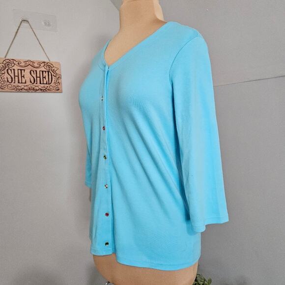 NEW Quacker Factory Top Womens XS Blue Beaded Button Front 3/4 Sleeve Grannycore - Picture 4 of 15